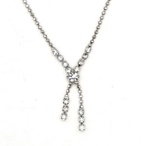 Vintage 1990s Korea Rhinestone Y Necklace Silver Tone Ball Chain Spring Clasp